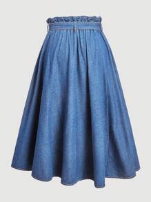 SHEIN MOD Blue Plus Size Denim Skirt Sweet Long Skirt Bow Waistband Elastic Waistband Sweet And Elegant Skirt - Light Wash - View 2