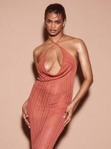 KIZN Lurex Knit Halter Neck Evening Gown Pleated Metallic Floor Length Special Occasion Party Dress With Cowl Neck Glitter Sparkle Formal Wear - Brown - View 4