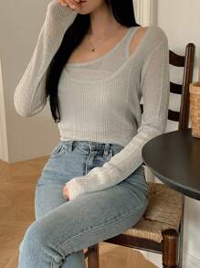 DAZY 2pcs/Set Women Asymmetrical Design Camisole And Sweater, Girlish Look Fall - Light Grey - View 8