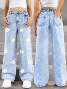 Tween Girls Y2K Vintage Washed Sunflower Graffiti Print Casual Versatile All-Match Regular Fit Relaxed Straight Leg Denim Jeans, Daily Wear - Light Wash - View 1