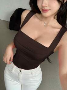 DAZY Women'ssummer Sexy Minimalist Loose Pleated Chest Design Camisole - Coffee Brown - View 6