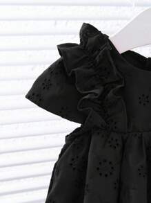 Babygirl Summer Cute Solid Color Embroidered Hollow Out Ruffle Hem Sleeveless Dress - Black - View 3