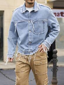 Manfinity Homme Men's Blue Loose Fit Frayed Denim Jacket - Light Wash - View 1