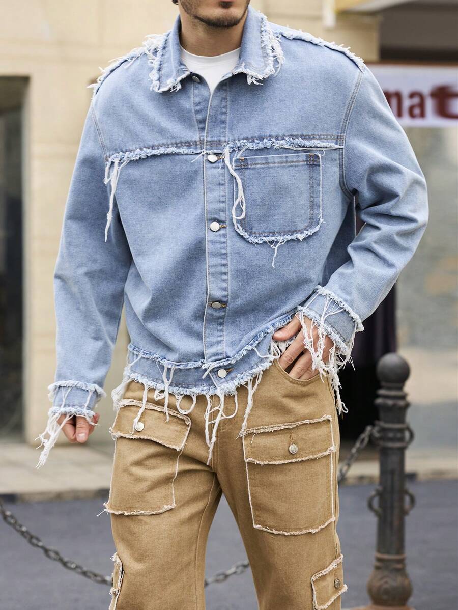 Manfinity Homme Men's Blue Loose Fit Frayed Denim Jacket - Light Wash - View 1