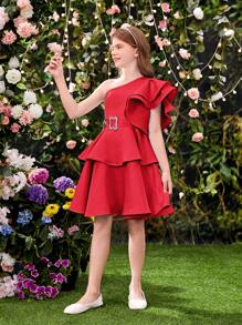 SHEIN Tween Girls' Elegant Ruffled Asymmetrical Shoulder Detachable Waist Belt Dress - Red - View 7