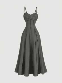 SHEIN MOD Women Solid Color Spaghetti Strap Waisted Minimalist Long Dress - Dark Grey - View 1