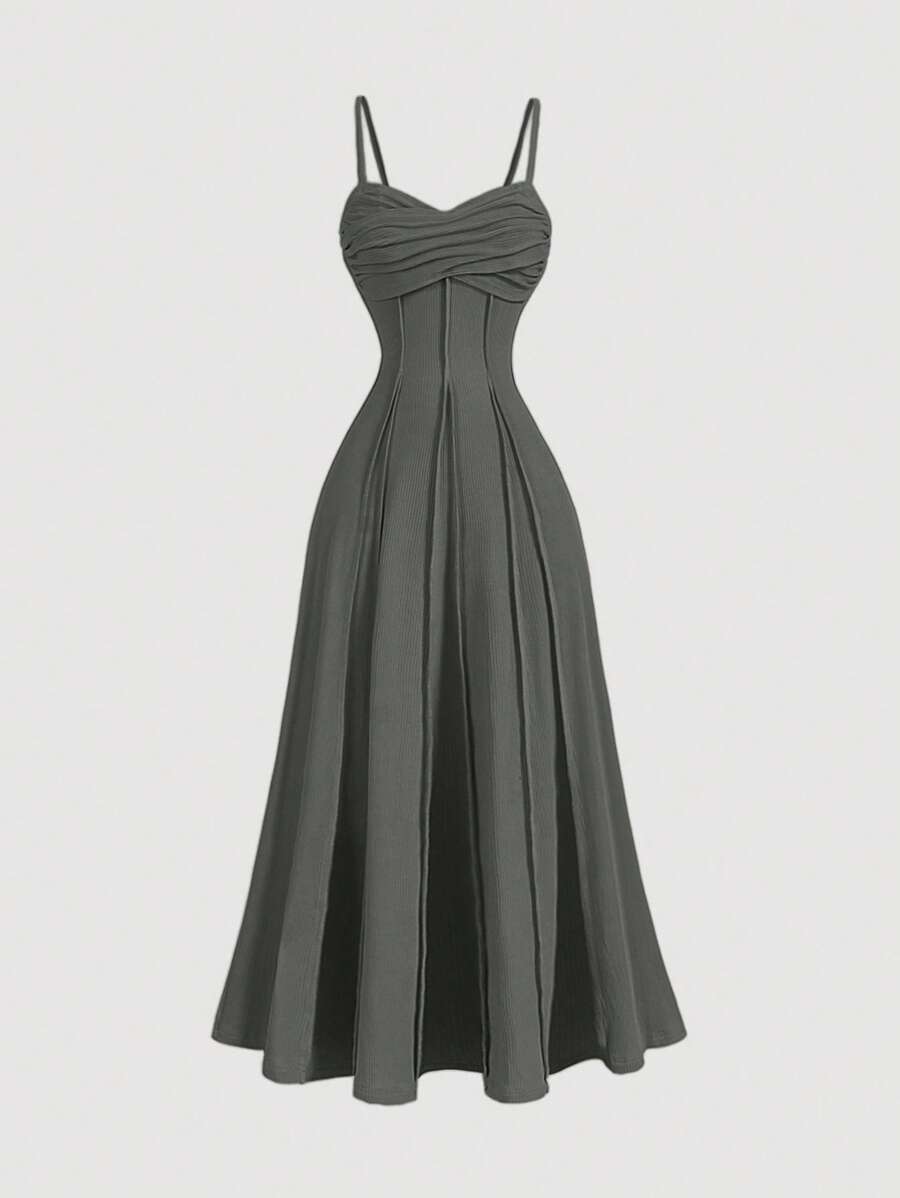 SHEIN MOD Women Solid Color Spaghetti Strap Waisted Minimalist Long Dress - Dark Grey - View 1