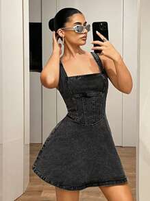 SHEIN ICON Váy denim trơn màu đen nhạt dành cho nữ Y2k, đơn giản và thời trang cho mùa hè - màu đen - Xem 5