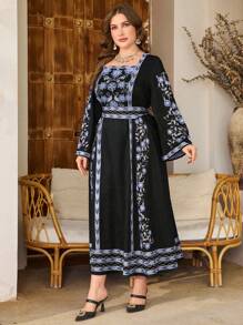 Al Najma Plus Size Women's Square Neck Flare Sleeve Casual Loose Floral Retro Print Dress - Multicolor - View 5