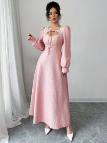 Modelyn 女士长款提花拼接蕾丝 A 字长袖连衣裙 - 粉色 - 查看 6