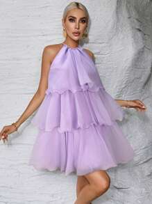Firerie Women's Elegant Solid Color Multi-Layer Halter Neck Dress - Lilac Purple - View 4