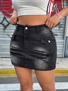SHEIN ICON Plus Size Spring And Summer Cowgirl Outfits Coachella Concert Festival Beach Holiday Special Washed Denim Mini Skirt, Simple And Fashionable, Suitable For Summer Vintage Grunge Punk  Embroidered Pocket Sexy Denim Skirt