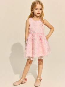 SHEIN 年轻女孩优雅无袖粉色网眼亮片装饰圆领连衣裙，春夏 - 粉色 - 查看 3