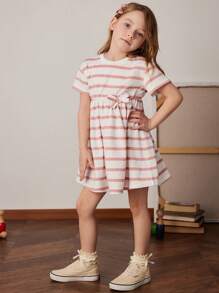 PrepCrw 春夏少女学院风粉色和白色条纹针织短袖运动衫连衣裙