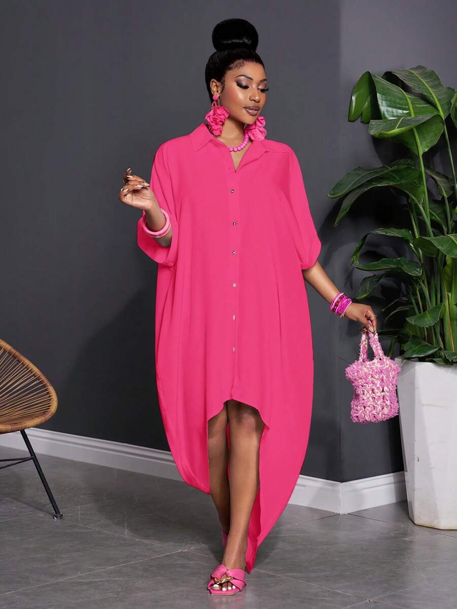 Slaydiva Plus Size Women 3/4 Sleeve Button Down Loose Fit Shirt Dress - Hot Pink - View 1