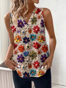 SHEIN Clasi 女士纹理印花纽扣衬衫，简约时尚，适合夏季 - 彩色 - 查看 5