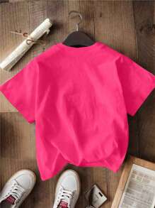 SHEIN Summer New Young Girls Casual Pink Short Sleeve T-Shirt - Hot Pink - View 2