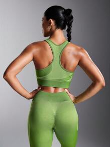 Powerista Women's Ribbed Exercise Patchwork Sports Bra With Deep U Neck - Green - View 2