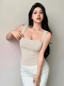 DAZY Women's Sexy Minimalist Casual Sleeveless Tank Top With Ruched Chest Design, Summer - Beige - View 4