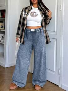 SHEIN EZwear 大码休闲宽松松紧腰阔腿牛仔裤，黑色 - 淺色水洗藍 - 查看 3