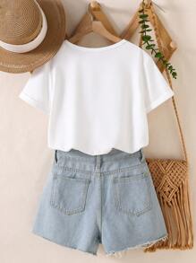 Tween Girl Floral & Slogan Graphic Tee Style Hit  Summer Tops - White - View 2