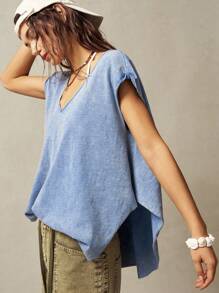Bohemela Boho Women Solid Color V-Neck Cap Sleeve Loose Washed T-Shirt - Blue - View 1