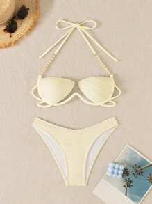 Swim SXY Women's Sexy Pearl High Cut Bikini Set With Rigid Cup Wire Supports - Apricot - View 4