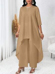 SHEIN Lady Spring And Summer Autumn And Winter Elegant Woven Round Neck Flowy Asymmetrical Midi Three Quarter Length Sleeve Plus Size Top And Pants Set - Khaki - View 3