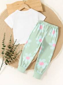 2pcs Set Young Girl Casual Cute Cartoon Character & Text Print Top Matched With Printed Floral Cinched Waist Ribbed Hem Pants 2 Pieces Outfit, Suitable For Outing, Picnic, Photo Shoot - White - View 2