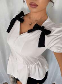 Gloray Women's Bowknot Shirt, Cute & Playful Daily Commuter Ruffle Trim Blouse - White - View 4