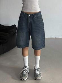 DAZY 新款春季女式宽松直筒休闲牛仔短裤 - 藍色 - 查看 3