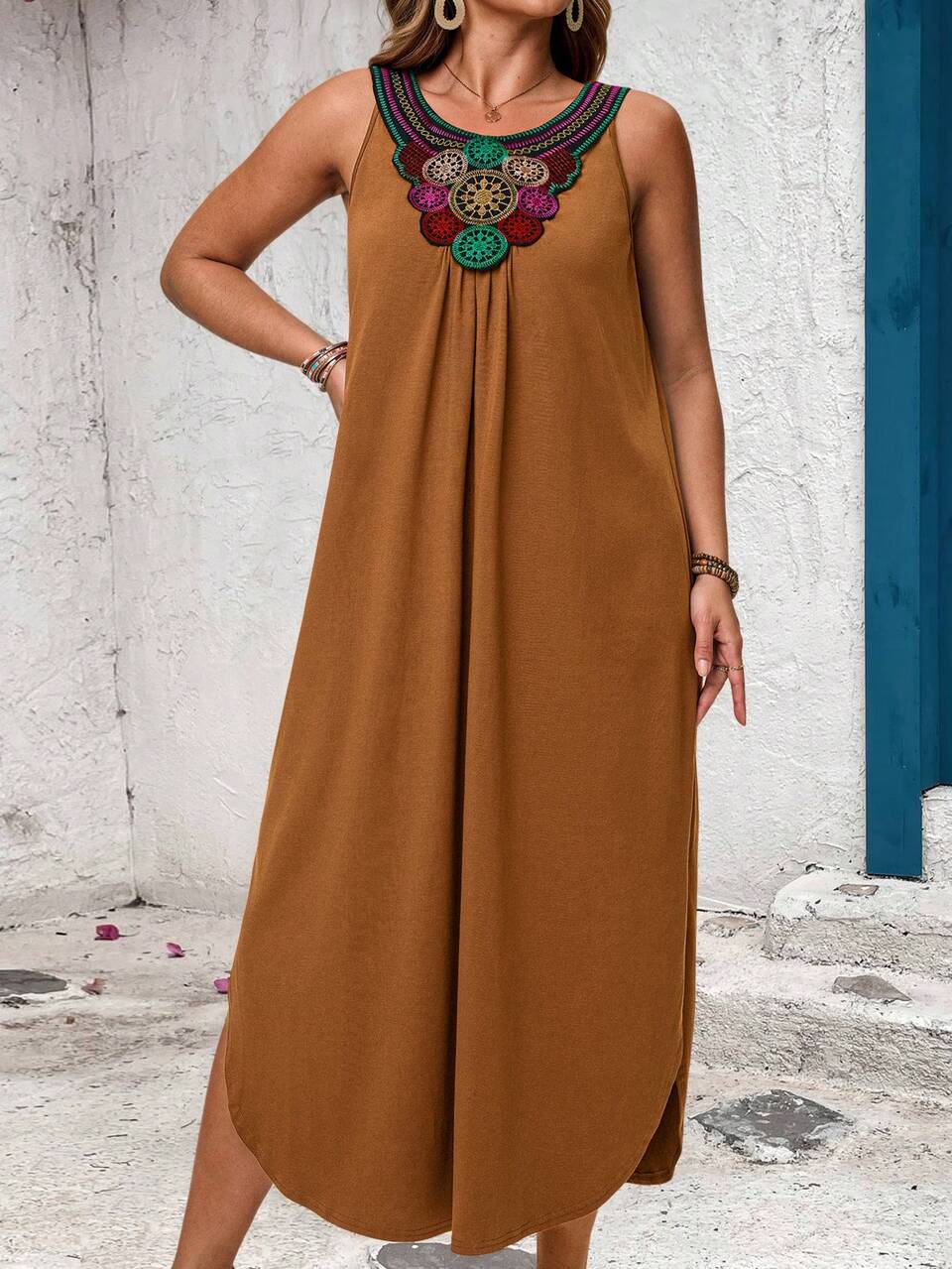 Plus Size Casual Ribbon Patchwork Sleeveless Dress