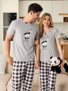 2pcs Men Panda Print Short Sleeve Top And Plaid Long Pants Pajama Set - Light Grey - View 3