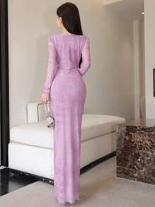 Modelyn Women's Mesh Contrast Lace Trim Fitted Elegant Sexy Dress - Purple - View 2