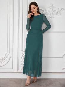 Modelyn 女士网眼长袖褶皱腰连衣裙酒红色长款女装 - 綠色 - 查看 5