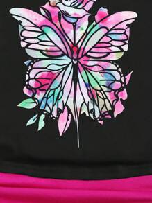 SHEIN LUNE 女式夏季不对称领口蝴蝶印花短袖休闲 T 恤配侧系带图案 T 恤女式上衣