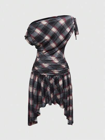 Grunge Punk Retro Chic Asymmetric Shoulder Design, Waist Ruched Asymmetrical Hem Plaid Print Dress