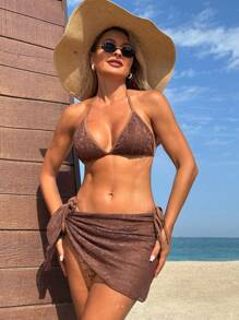 SHEIN Swim 3 件套女式蕾丝吊带比基尼套装和罩衫裙，适合海滩度假，性感 - 鏽棕色 - 查看 6