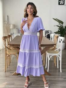 SHEIN Clasi Plus Size Solid Color Deep V-Neck Lace Patchwork Hollow Out Dress For Women, Elegant Women Dress - Mauve Purple - View 3
