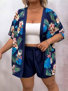SHEIN Clasi 2 件大码套装：热带植物印花纽扣衬衫和松紧腰短裤 - 彩色 - 查看 4