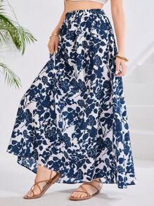 SHEIN Jupe longue décontractée pour les vacances à la plage, imprimé floral et végétal bleu et blanc, froncée, pour les adolescentes. Printemps et été