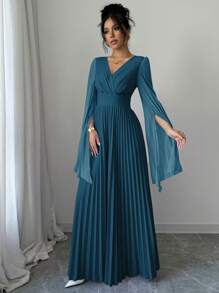 Elenzga V-Neck Pleated Open Sleeve Elegant Romantic Women Dress Maxi Women Outfit Fall Cloth For Women - Teal Blue - View 5