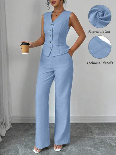 Elenzga Conjunto de mujer de chaleco sin mangas con cuello en V y pantalones rectos de pierna derecha, de unicolor, elegante y de moda para uso casual y de oficina