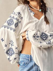 Bohemela 女士休闲纯色编织刺绣长袖宽松衬衫 - 白色 - 查看 3