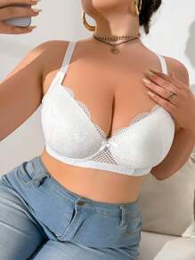 Plus Size Solid Color Lace Patchwork Bow Decor Underwire Lingerie Bra - White - View 4