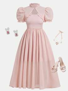 Wildeya Vestido corto elegante y lujoso con lazo, mangas de malla abullonadas y sin tirantes para niña preadolescente, color blanco, adecuado para use en verano y primavera, apropiado para salidas, fiestas y vacaciones