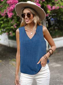 SHEIN LUNE Áo không tay đơn giản, màu trơn dành cho nữ, trang phục thường ngày khi đi nghỉ mát, phong cách thường ngày. - Màu xanh lam - Xem 3