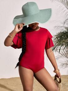 SHEIN Tween 女童休闲街头风格纯色短袖连身衣 - 酒紅色 - 查看 1