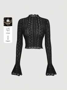 SHEIN MOD Mock Neck Flounce Sleeve Lace Black See-Through Flared Cuffs With Cropped Tee