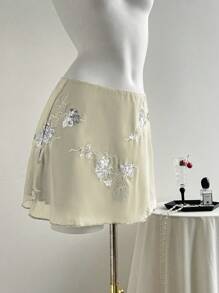 Elamini Váy ngắn thêu lưới mỏng gợi cảm kiểu phương Đông mới dành cho nữ - Màu be - Xem 3